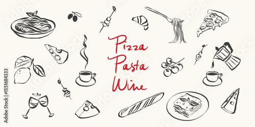 Whimsical italian food doodles. Whimsical icons of Italian food in simple crayon and sketch style. Trendy art for menus and dinner brunch invitations. Vintage vector illustration