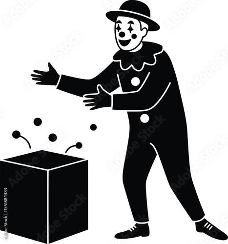 Clown Performs a Joke with a Vector Illustration of a Surprise Box in a Whimsical Environment