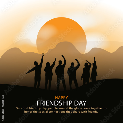 Silhouette of Friends Celebrating Friendship Day at Sunset – Vector Illustration