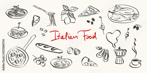 Whimsical italian food doodles. Whimsical icons of Italian food in simple crayon and sketch style. Trendy art for menus and dinner brunch invitations. La dolce vita vector illustration