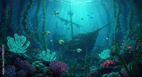 Sunken Treasure Ship Underwater Scene with Colorful Coral Reef and Fish