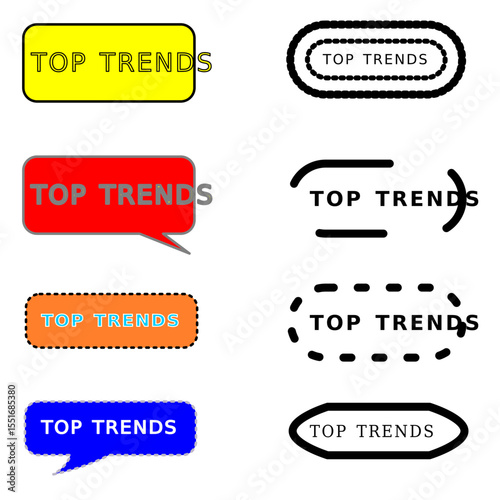 Colorful “Top Trends” Badge Icons – Vector Labels, Speech Bubbles & Frames