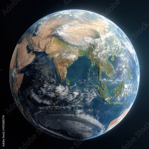 A view of earth from space showing asia and the indian ocean with cloud cover
