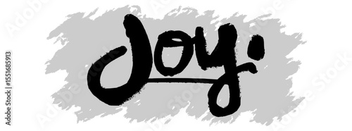 Black hand-drawn “Joy” lettering with gray splatter background. Great for inspirational art, spiritual themes, and faith-based positive message designs.