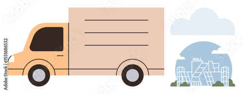 Delivery truck heading towards a shopping mall with geometric design. Ideal for logistics, transportation, business, consumer goods, shopping, retail economy, and urban development. Simple flat