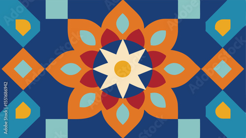 Geometric floral pattern with vibrant colors and unique design elements