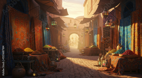 Sunlit Arabian Market Street Spices, Fabrics, and Ancient Architecture