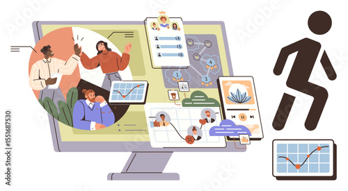 Office team collaboration on screen with charts, graphs, connected nodes, mobile apps, and growth charts. Ideal for teamwork, strategy, technology progress analytics leadership innovation. Simple