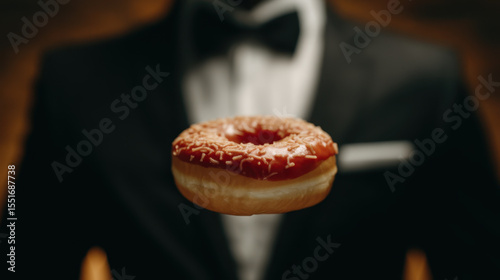 Person formal suit holding glazed donut with sprinkles, with blurred background. image conveys contrast between elegance