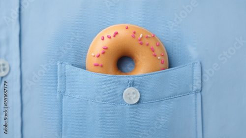 Donut with pink and white sprinkles is tucked into chest pocket of light blue shirt, creating playful and whimsical scene
