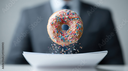 Donut with colorful sprinkles appears to be floating above white plate, with sprinkles falling down, creating dynamic
