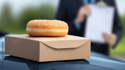 Donut with icing cardboard box placed car hood person business attire holding clipboard background outdoor setting casual