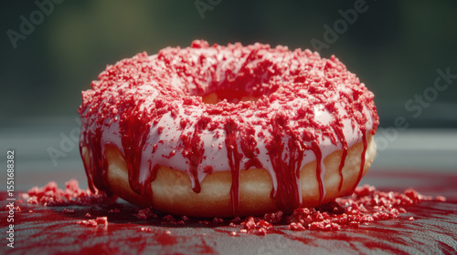Glazed donut with red crumbs and syrup top, resting surface with red crumbs scattered around, creating tempting and vibrant