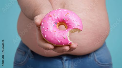 Donut with pink icing and sprinkles held in hand over bare stomach against blue background