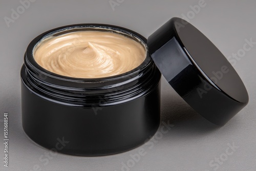 Luxurious creamy cosmetic product in an open black jar with its lid resting nearby on a grey background