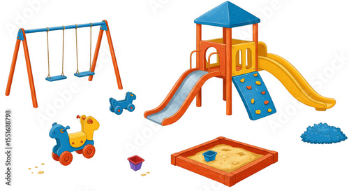 Colorful Children Playground Illustration with Swing Slide Sandbox in Transparent