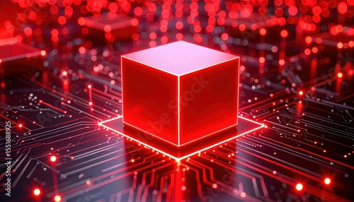 A glowing red cube sits atop a digital circuit board, symbolizing advanced technology and futuristic computing concepts in a vibrant, high-tech environment.