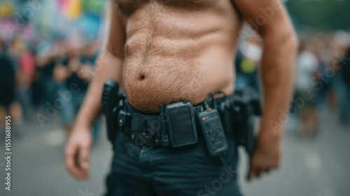 Close up of police officer waist with radio and equipment, standing crowded outdoor event, showing relaxed stance and casual