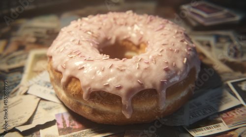 Glazed donut with pink icing and sprinkles top, placed surface covered with scattered photographs and papers, creating