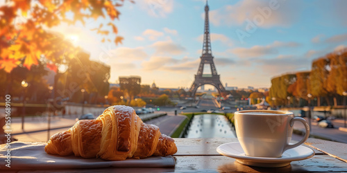 Fototapeta Naklejka Na Ścianę i Meble -  Hot coffee and delicious French croissants with beautiful view to Paris, France.