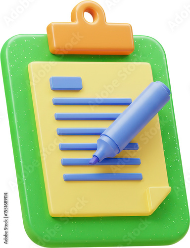 Vibrant 3D clipboard with paper and marker for note taking and highlighting