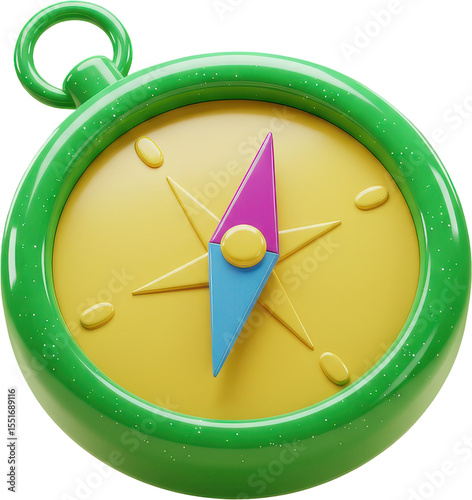 Vibrant 3D compass with green frame and yellow dial for travel and adventure