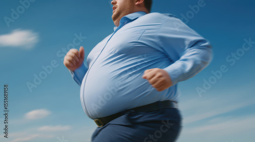 Running man with large belly wearing light blue shirt and dark pants outdoors blue sky with clouds, showing determination