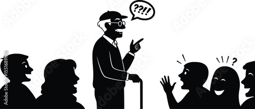 Engaging Joke Illustration of an Elderly Man Telling a Story to an Amused Audience in a Minimalist Vector Design