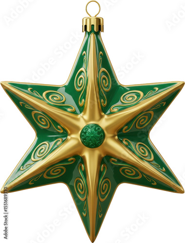 Glossy green and gold christmas star ornament with elegant swirl patterns
