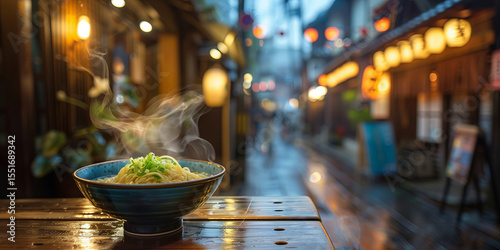 Steaming bowl of ramen on a wooden table, with a traditional Kyoto street in the background, evening lantern lights.