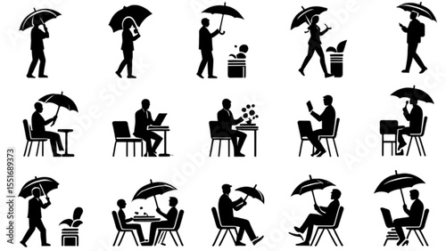 傘とビジネスシーンのシルエット｜Umbrella Business Scene Silhouette