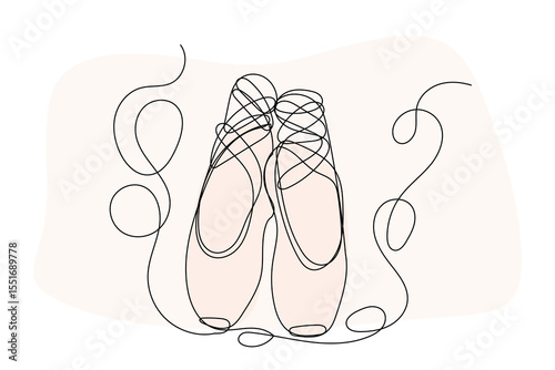 Line Art Pointe Shoe. One Continuous Outline Drawing. Editable Dancing Silk Abstract Footwear  Stroke Curve Contour. Classic Dance Elegant Vintage Accessories Symbol. Professional Ballet Artist Sign I