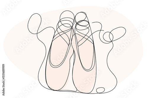 Line Art Pointe Shoe. One Continuous Outline Drawing. Editable Dancing Silk Abstract Footwear  Stroke Curve Contour. Classic Dance Elegant Vintage Accessories Symbol. Professional Ballet Artist Sign I