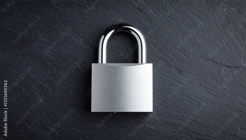 Fototapeta premium Silver metal padlock on dark textured stone backdrop.