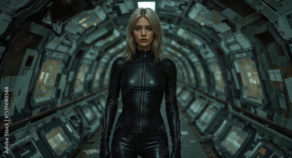 Naklejka premium Blond model in half zipped synthetic suit inside overgrown futuristic subway with broken tech panels