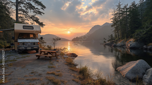 Camping. Vacation. Modern camper van motorhome. Travel. Small house on wheels. White camper van parking on beautiful landscape. Travel and adventure tourism trip concept