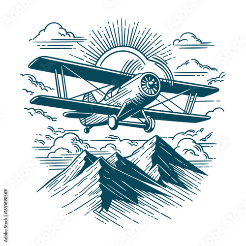 Airplane flying over mountain peaks at sunset, Retro landscape in linear graphic monochrome style. Traveling on vintage biplane through picturesque landscape.