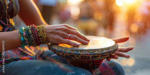 Fototapeta Naklejka Na Ścianę i Meble -  Female musician playing tambourine on the street during world music day on June 21 celebrated in Paris, France.