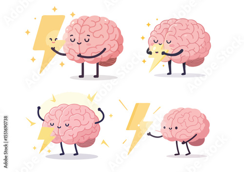 Calm brain character wrapped gently by a lightning bolt, symbolizing balanced energy and creativity