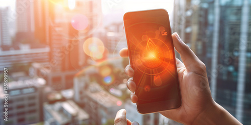 Human hand holding overheated smart phone with cityscape in the background. Heat wave and climate change.