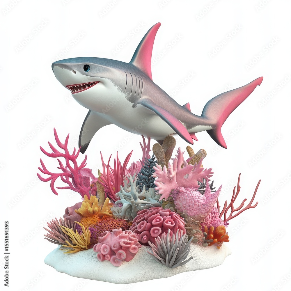 Fototapeta premium Pink Coral Reef With Gray White Shark