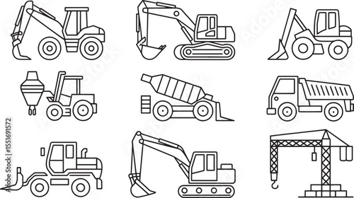 Nine Black Line Art Construction Vehicles Excavators Bulldozers and Trucks crane