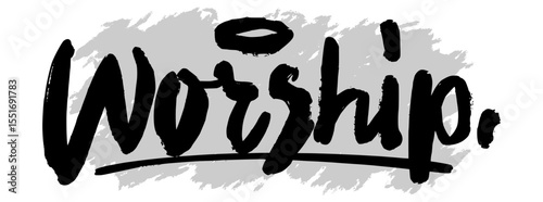 Black hand-drawn “Worship” lettering on gray splatter background. Ideal for Christian art, spiritual visuals, and inspirational faith-based design projects.