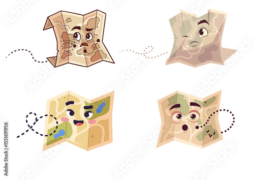 Animated paper map character with raised eyebrow and dotted trail, symbolizing adventure and exploration