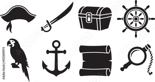 Nine Black Pirate Silhouette Icons Set Parrot Anchor Treasure Chest vector