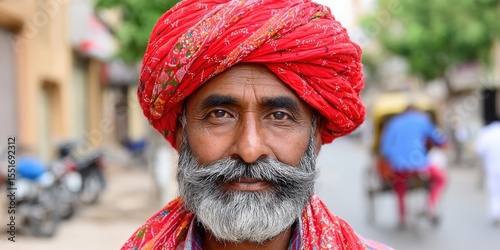 Portrait of a man wearing a red turban and a grey mustache looking at the camera