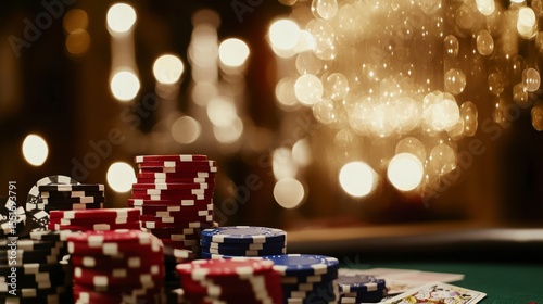 Poker Chips and Cards on a Green Felt Table at Night with Warm Golden Bokeh Lights