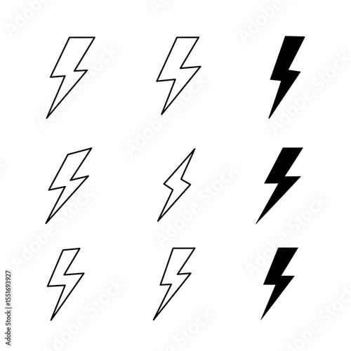 Set of icons representing lightning bolt, lightning strike or thunderstorm. Suitable for voltage, electricity and power signs. Vector Illustration