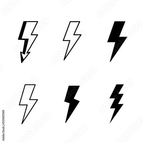 Set of icons representing lightning bolt, lightning strike or thunderstorm. Suitable for voltage, electricity and power signs. Vector Illustration