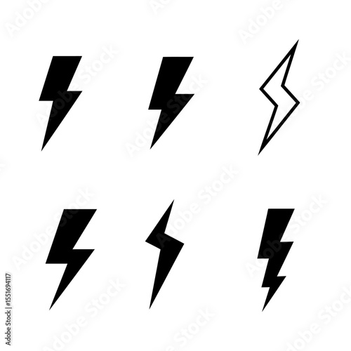 Set of icons representing lightning bolt, lightning strike or thunderstorm. Suitable for voltage, electricity and power signs. Vector Illustration